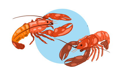Lobster with claws, fresh seafood. Marine animal with claws. Crustacean, sea food, underwater crayfish. Flat vector illustration isolated on white background