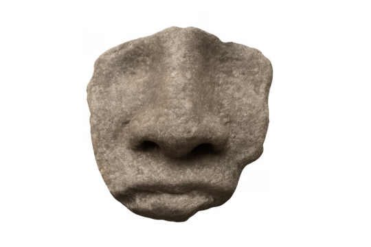 Ancient stone sculpture fragment showing abstract human face