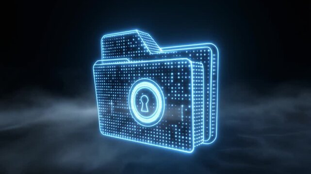 Digital glowing folder with padlock icon representing data security and privacy.