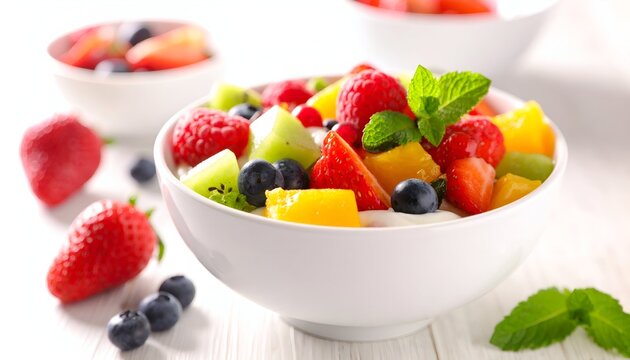 Colorful fruit salad with berries and mint in white bowls, bright, fresh on a table - Powered by Adobe