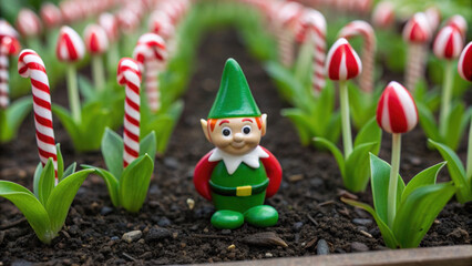 Christmas garden scene with weird and scary dark gnome surrounded by candy cane decorations and red white tulip flowers