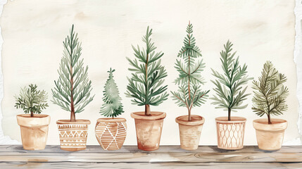 Fototapeta premium Watercolor illustration of five potted Christmas trees arranged on a rustic wooden table