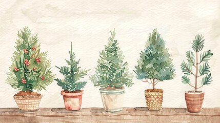 Fototapeta premium Watercolor illustration of five potted Christmas trees arranged on a rustic wooden table