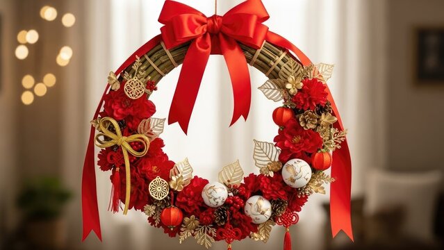 Luxurious Red and Gold Chinese New Year Wreath with Festive Decorations and Crane Ornaments