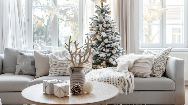 Cozy Christmas living room with decorated tree, sofa with pillows, and candle-lit coffee table