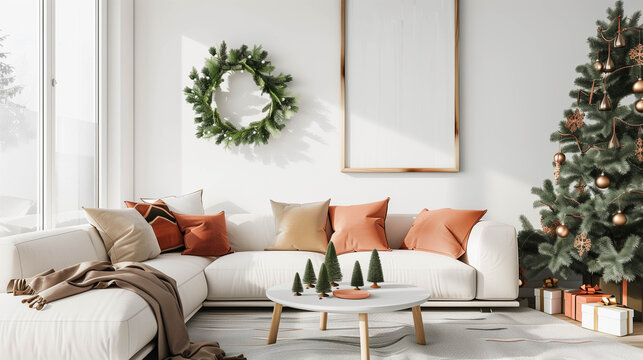 Festive Christmas living room with red accent pillows, holiday wreath, and decorated tree