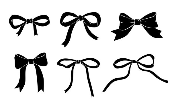 Elegant bows silhouettes isolated. Black and white clip art. Vector illustration.