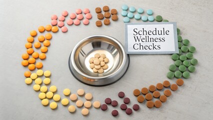 Flat Lay of Color Coded Pet Vitamins Encircling a Stainless Bowl