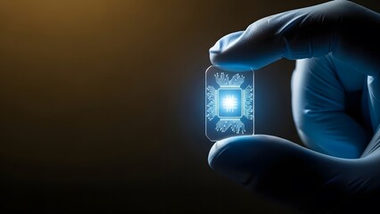 Digital Circuit's Revelation: A gloved hand delicately presents a luminous digital circuit chip, its intricate design radiating power and innovation within a futuristic laboratory setting.