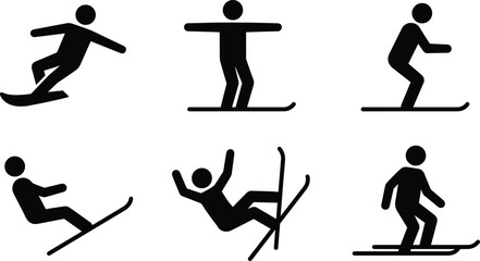 Black and white vector icon set illustrating various winter sports activities including snowboarding, skiing, and falling, isolated on a clean white background, depicting cold .