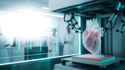 3D-Printed Heart in Laboratory: A detailed shot of a 3D-printed heart within a laboratory setting, with scientists observing the advanced technology, representing medical breakthroughs.