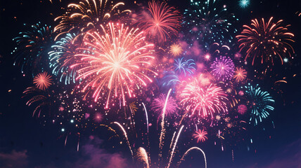Fototapeta premium Dark night sky filled with colorful fireworks exploding beautifully, no people or objects