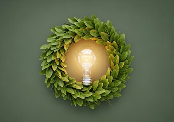 Light Bulb Surrounded by a Green Leaf Wreath on Green Background