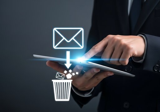 Man deletes email on tablet with glowing icons and dark suit