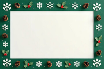 Christmas and New Year Holiday Concept: blank white rectangular frame green background, pine cones, festive red holly berries, white snowflake winter border decoration copy space for text or design