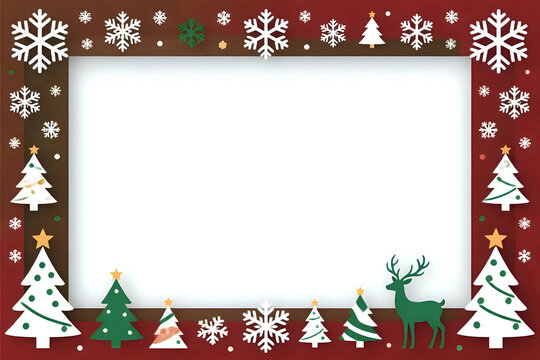 Christmas winter holiday background, blank white frame, red backdrop, snowflakes, green fir trees, reindeer silhouette, seasonal greeting template, copy space, vector illustration