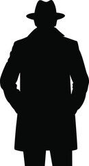 Black silhouette of a man in a fedora and trench coat