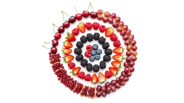 A vibrant assortment of fresh summer berries and fruits like strawberries, blueberries, and cherries creatively arranged in a colorful spiral mandala design. - Powered by Adobe