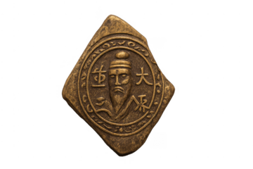 Ancient chinese medallion featuring mystic carving on transparent background