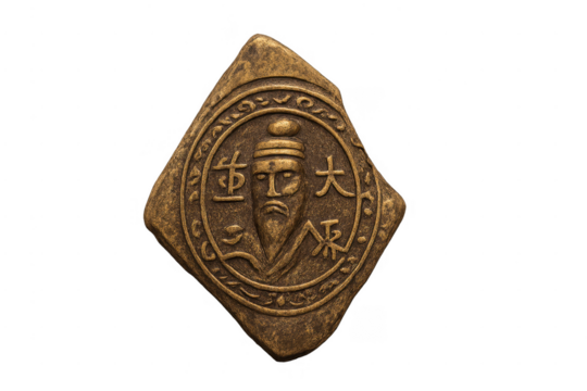 Ancient chinese medallion featuring mystic carving on transparent background