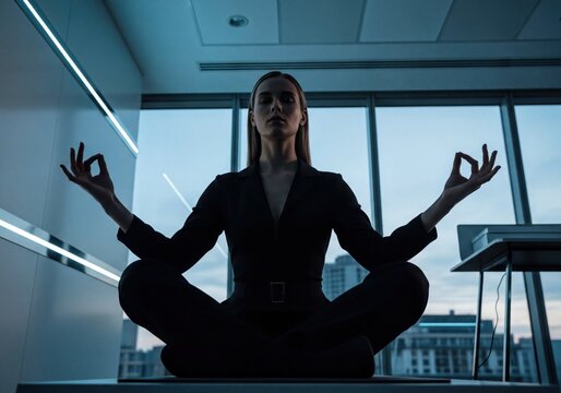 Focused Business Woman Meditating in Serene Office Environment for Corporate Wellness