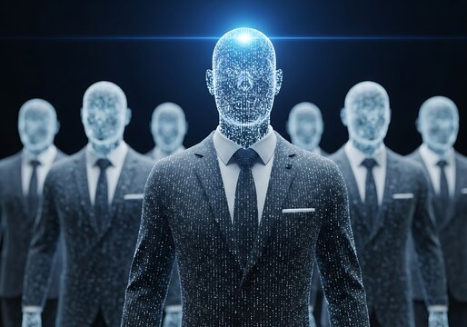 Digital Businessmen in Suits with Glowing Head on Black Background