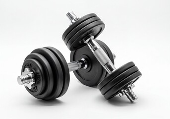Adjustable gym dumbbells with black weight plates and chrome handles for fitness training