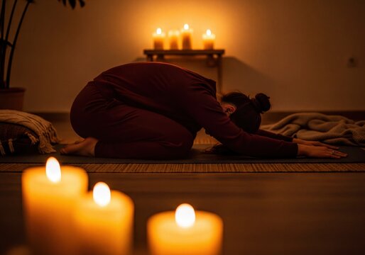 Woman Practicing Yoga in Child's Pose with Serene Candlelight for Relaxation