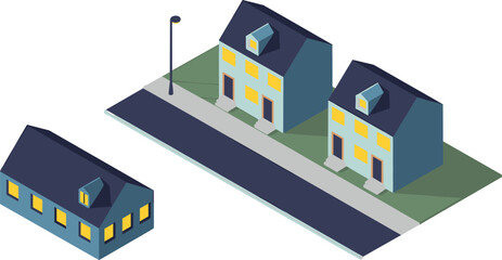 Isometric illustration of suburban street with residential houses, sidewalk, street lamp, neighborhood layout and modern 3D architectural design for real estate