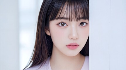 物陰からこちらを見つめる黒髪ぱっつん前髪の女性