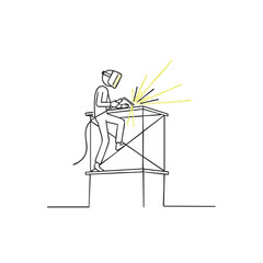 Fototapeta premium An illustration depicts a welder working atop scaffolding, sparks flying as they join metal pieces with focused precision and skill in a construction setting.