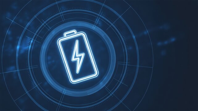Glowing blue battery icon with lightning bolt inside on dark background