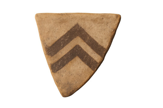 Ancient pottery fragment with chevron pattern over transparent background