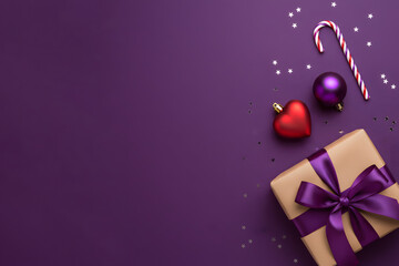 Fototapeta premium Vivid holiday scene featuring wrapped gifts, ornaments and candy canes on a vibrant purple background, capturing festive mood, joy and celebration for Christmas and New Year.