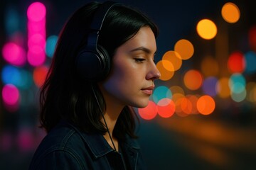 Melody of the Night: A woman finds solace in her music. with headphones as she loses herself in the night lights. A symphony of city lights and a soundtrack of her own world. 