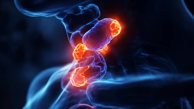 Medical animation showing thyroid gland anatomy with inflammation and parathyroid glands under