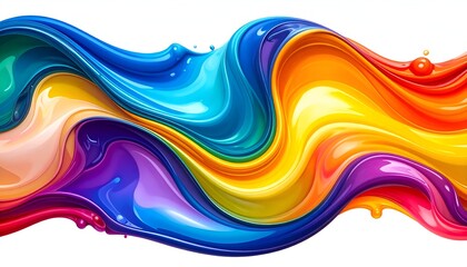 Fototapeta premium Swirling, vibrant, glossy liquid paint streams in rainbow hues against a clean white backdrop