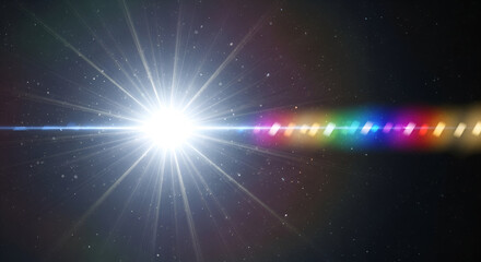 Abstract cosmic light with rainbow lens flare in deep space background