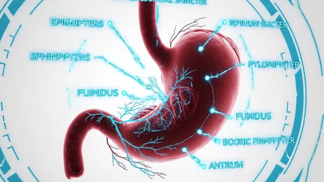 Animated 3D model of the human stomach, detailing its anatomical regions and associated structures.