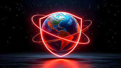 Glowing shield protects earth in digital space
