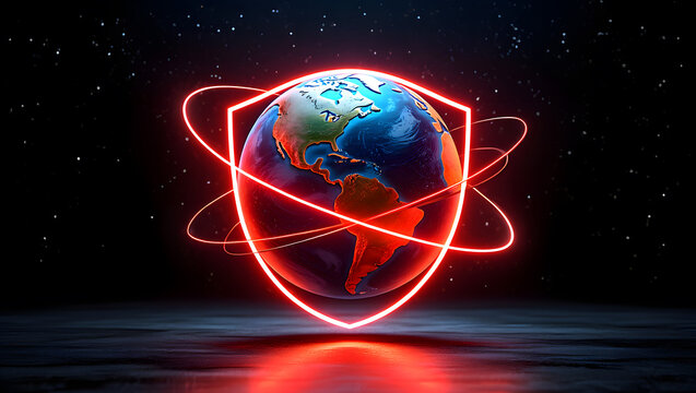 Glowing shield protects earth in digital space