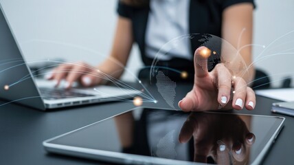 Businesswoman interacting with a holographic globe on a digital tablet
