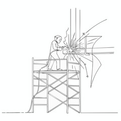 Obraz premium An illustration depicts a worker welding a metal structure while standing on scaffolding, creating sparks and showcasing construction.