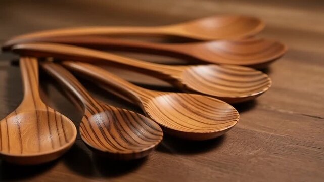 Wooden Spoons: Handcrafted Utensils on Dark Wood Table, Artisanal Kitchenware