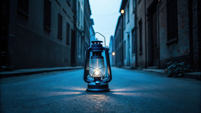 Christmas, scary, weird, dark lantern glows on empty street creating mysterious atmosphere with blue tones and old buildings at dusk