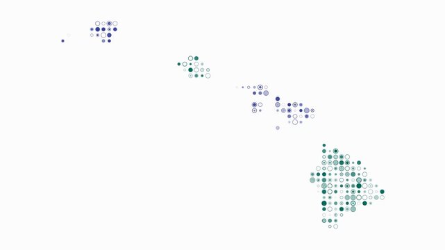 Hawaii animation. Shape of the state with pulsating colored dots. Small size circle blocks. Digital style map on white background. Amazing video.