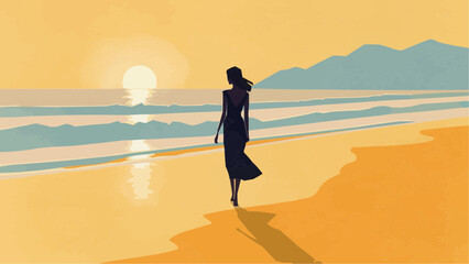 Elegant lady walking by the seaside at sunrise or sunset, with the shimmering waves and calm sea breeze lifting her long hair, in minimalist vector illustration style stock illustration