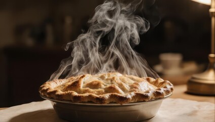 A delicious homemade pie steaming hot and fresh from the oven.