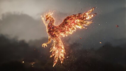 A majestic fiery phoenix bird soaring through a dark and smoky sky.