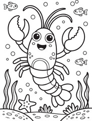 Obraz premium Smiling cartoon lobster happily lives among fishes, seaweeds, starfish, and bubbles underwater
